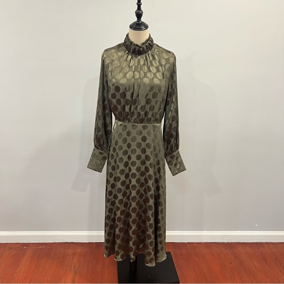 Calvin Klein Olive Green Large Polka Dots Long Cuffed Sleeves Dress - Reemoly - Picture 1 of 15